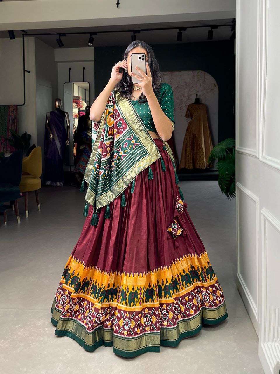 Women's Tussar Silk Patola Print Lehenga Choli Dupatta Set - Image 2